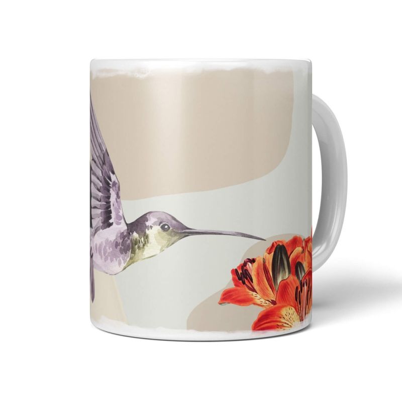 Dekorative Tasse mit schönem Vogel Motiv Kolibri Blumen Blüten Wasserfarben Pastelltöne