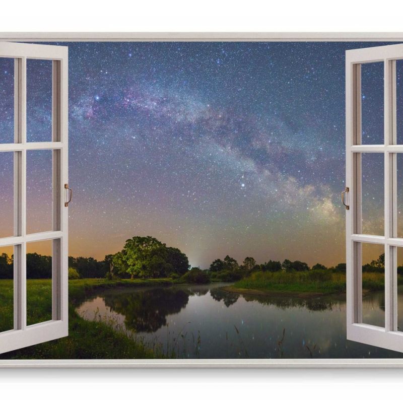 Wandbild 120x80cm Fensterbild Fluss Natur Milchstraße Sternenhimmel Sterne