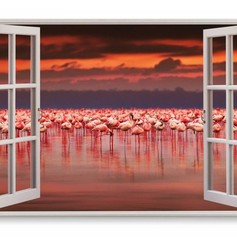 Wandbild 120x80cm Fensterbild Flamingos Rosa Sonnenuntergang Natur Horizont