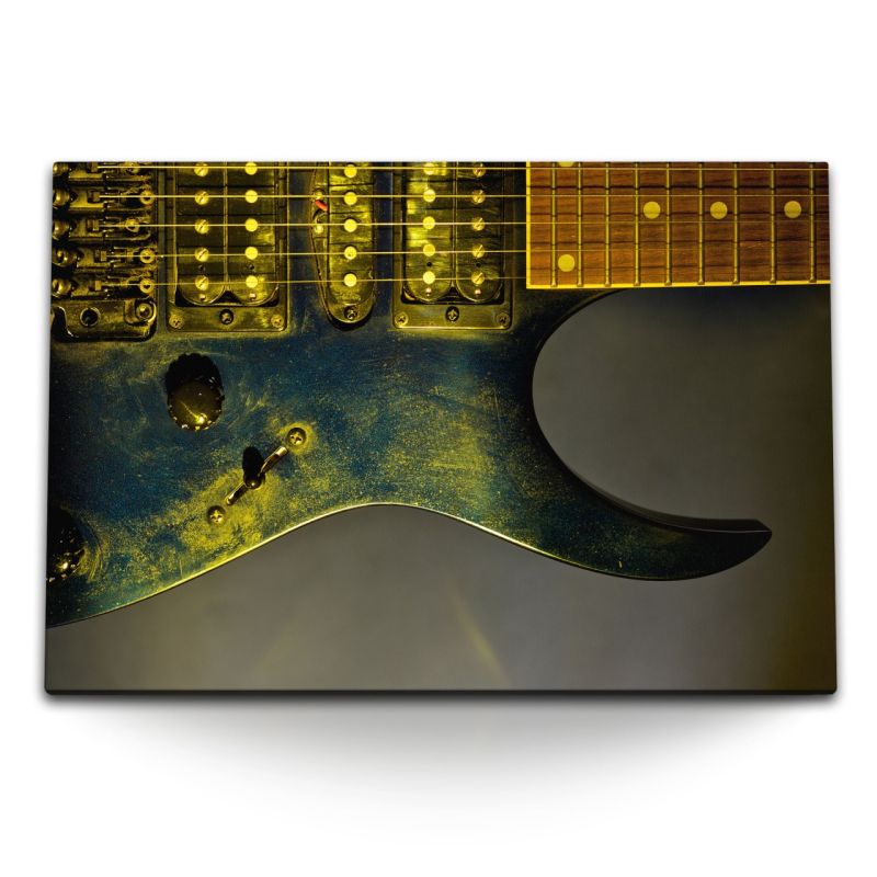 120x80cm Wandbild auf Leinwand E–Gitarre Gitarre Kunstvoll Rock and Roll Grün