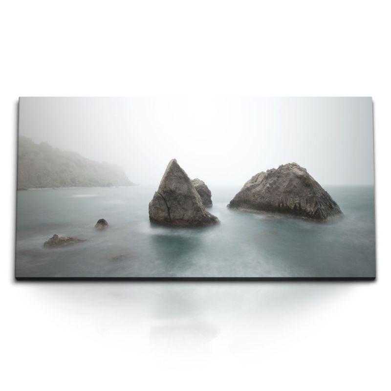 Kunstdruck Bilder 120x60cm Felsen im Wasser Gestein Meer Küste Nebel