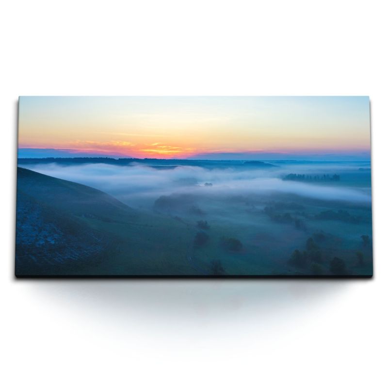 Kunstdruck Bilder 120x60cm Landschaftsbild blaue Stunde Sonnenaufgang Berge Nebel