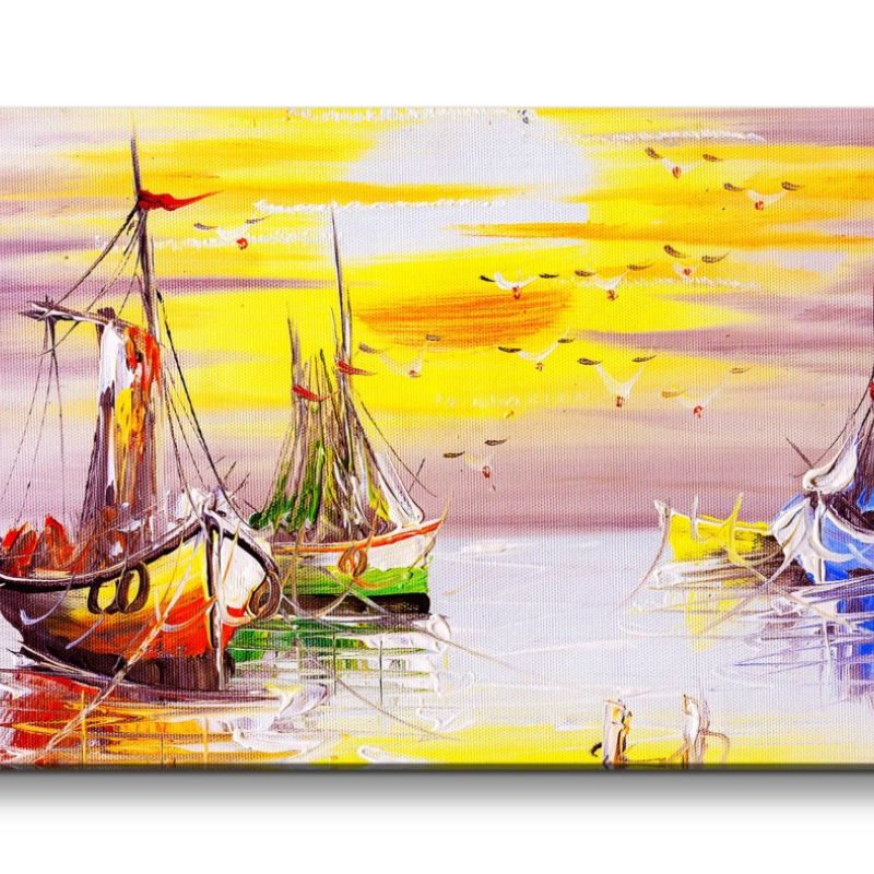 Leinwandbild 120x60cm Fischerboote Meer Hafen Sonnenuntergang Malerisch Kunstvoll