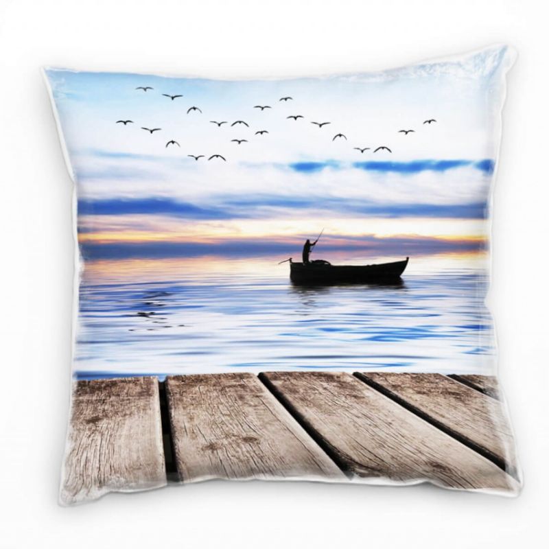 Meer, Angler, Boot, Dämmerung, Steg, blau, orange Deko Kissen 40x40cm für Couch Sofa Lounge Zierkiss