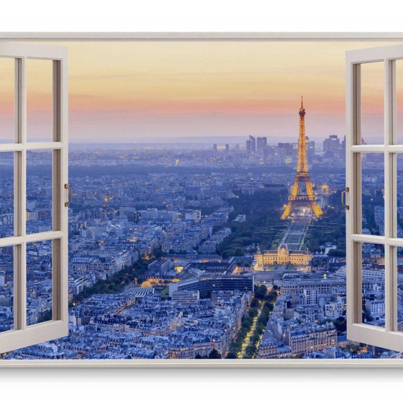 Wandbild 120x80cm Fensterbild Paris Eiffelturm Blau Sonnenuntergang Luftaufnahme