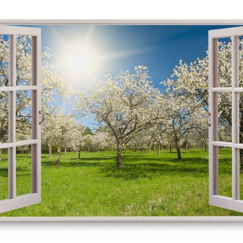 Wandbild 120x80cm Fensterbild Frühling Baumblüte Blüten Sonnenschein Kirschblüten