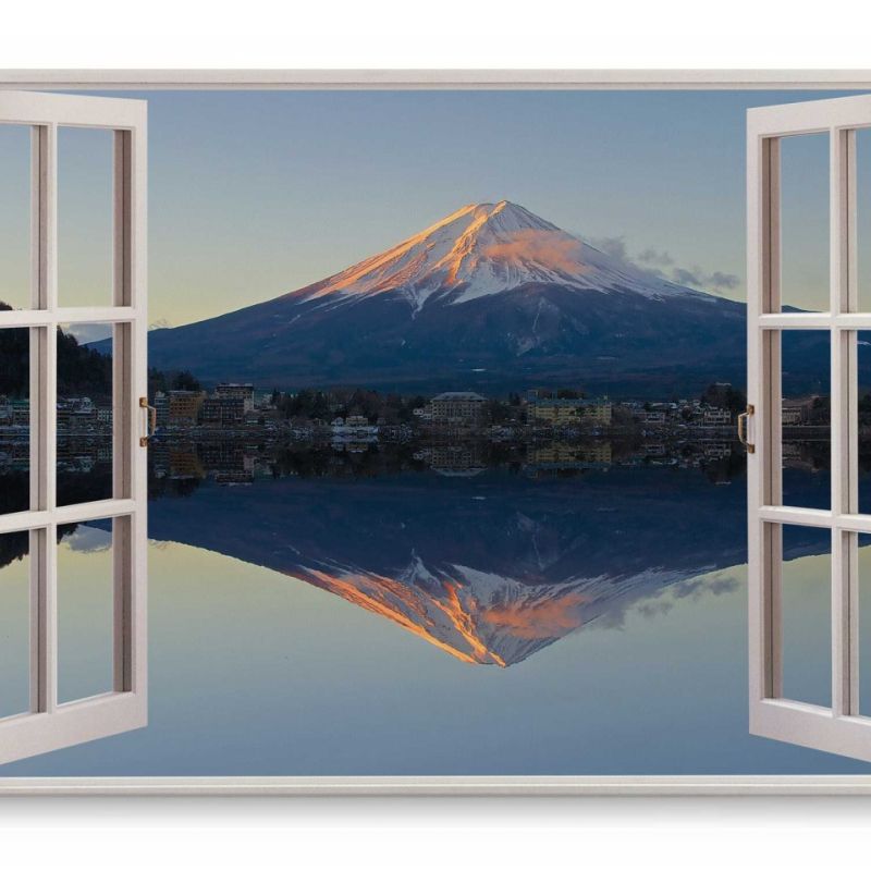 Wandbild 120x80cm Fensterbild Japan Fuji Vulkan Meer Blau Sonnenuntergang Schneegipfel