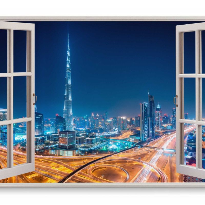 Wandbild 120x80cm Fensterbild Dubai bei Nacht Stadtlichter Hochhäuser Skyline Blau