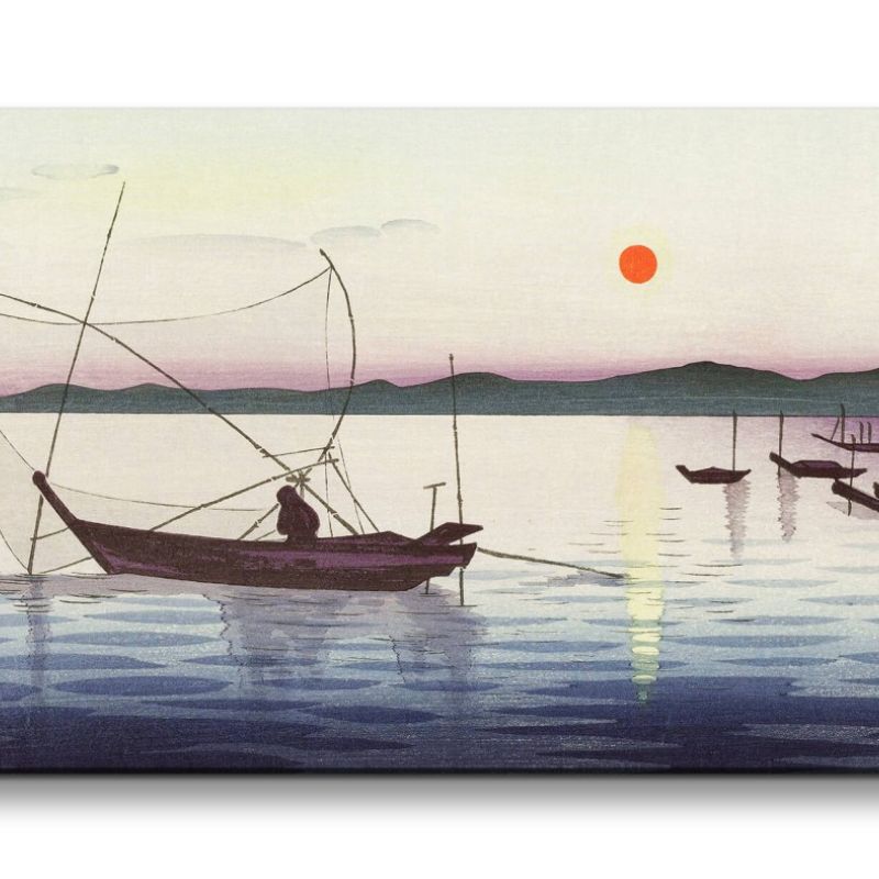 Remaster 120x60cm Ohara Koson traditionell japanische Kunst Fischerboote Meer Abenddämmerung Berge J