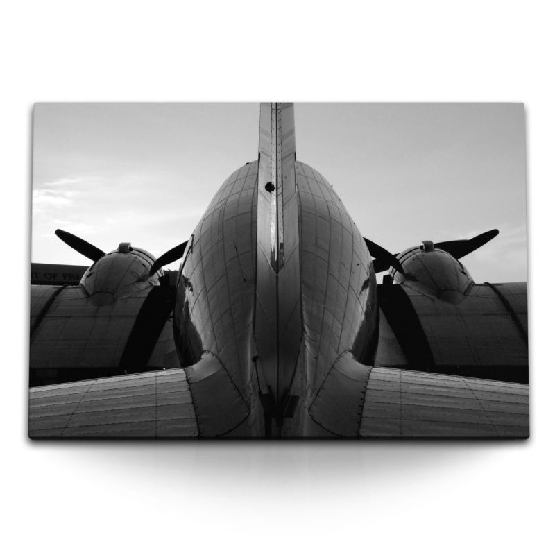 120x80cm Wandbild auf Leinwand Schwarz Weiß Fotografie Flugzeug Propeller Propellermaschine