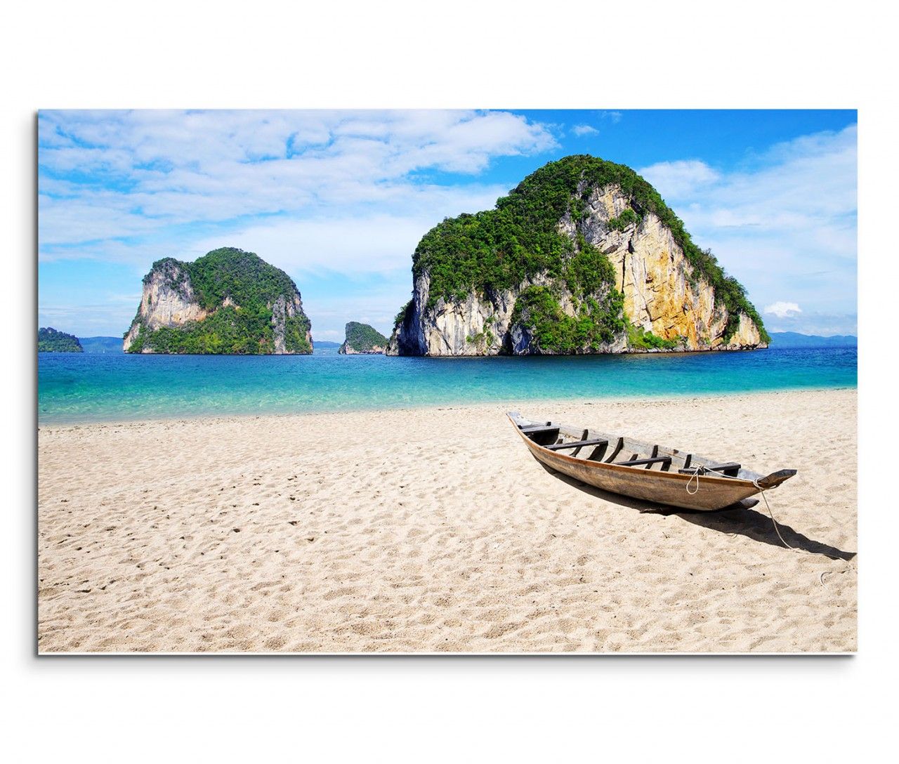 120x80cm Wandbild Thailand Krabi Sandstrand Meer Holzboot Felsen