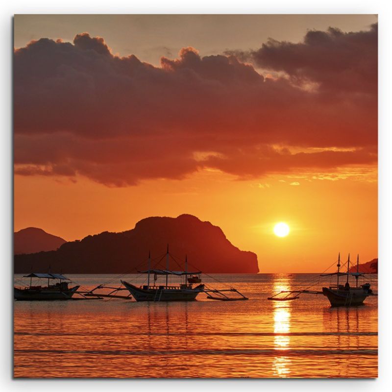 Landschaftsfotografie – Boote bei Sonnenaufgang, Palawan, Philippinen auf Leinwand