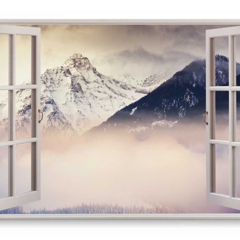 Wandbild 120x80cm Fensterbild Berge Nebel Natur Tannenwald Schneegipfel