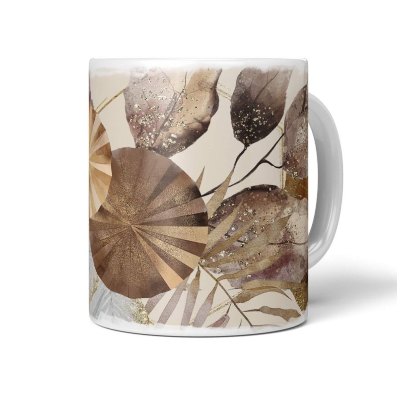 Dekorative Tasse mit schönem Motiv schönem Design Muster Kreise Pflanzen Blätter Gold Braun