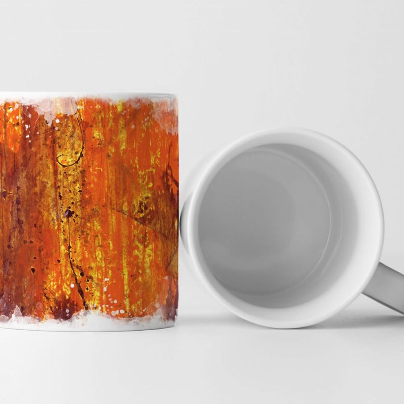 Tasse Geschenk orange-gelbe Abstraktion + dunkelrote Farbspritzer