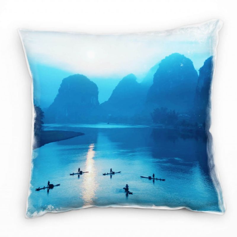 Landschaft, blau, Bergkette, Sonnenaufgang, Fischerboote Deko Kissen 40x40cm für Couch Sofa Lounge Z