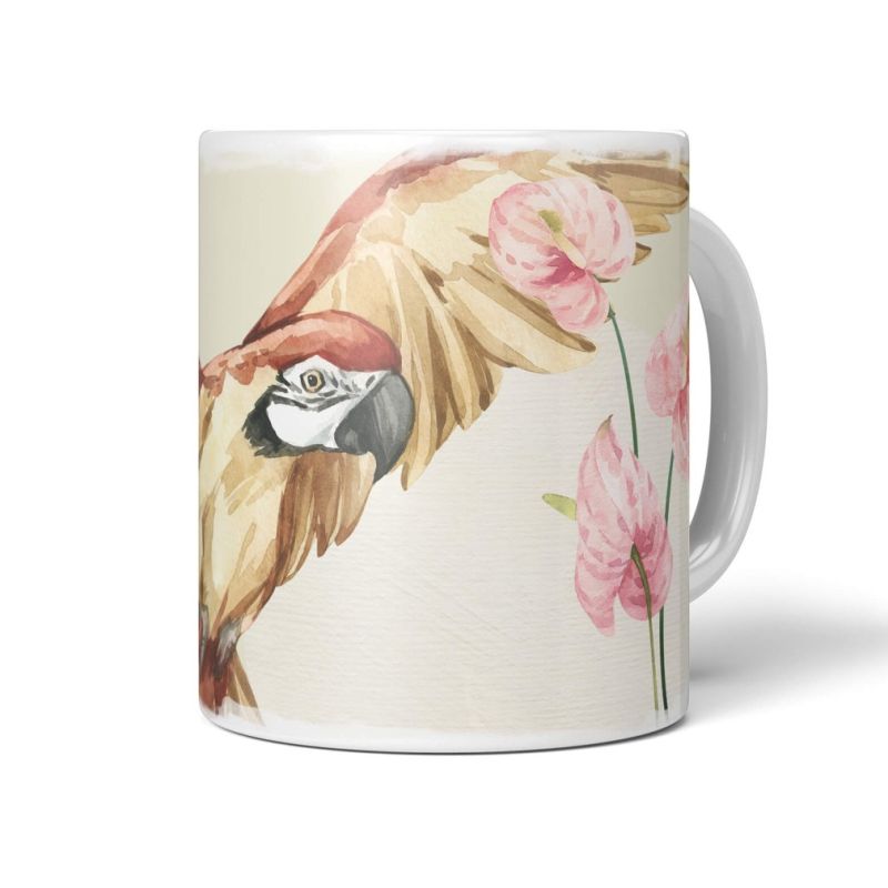 Dekorative Tasse mit schönem Vogel Motiv Papagei Wasserfarben Blumen Blüten Exotisch