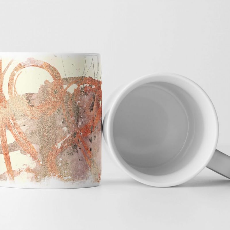 Tasse Geschenk hellrot, mandelweiße Abstraktion, orangenen Pinselstrichen