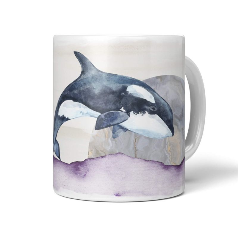 Dekorative Tasse mit schönem Motiv Orca Schwertwal Aquarell Kunstvoll Mond Meer Wasserfarben