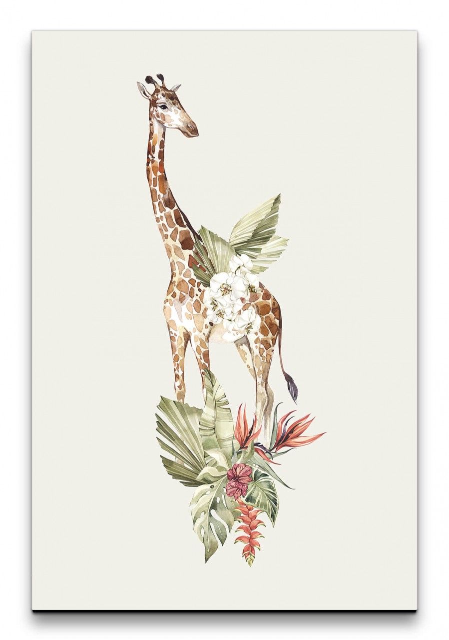 Giraffe Afrika Blumen Blätter Savanne Wasserfarben Kunstvoll