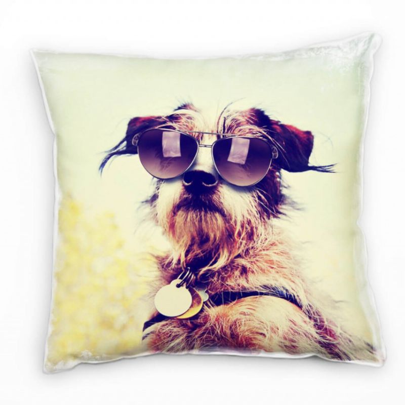 Tiere, Hund mit Sonnenbrille, Chihuahua Terrier, braun, blau Deko Kissen 40x40cm für Couch Sofa Loun