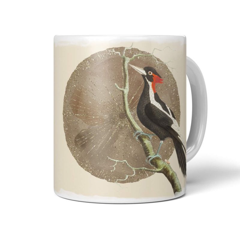 Dekorative Tasse mit schönem Vogel Motiv Elfenbeinspecht einzigartiges Design Kunstvoll