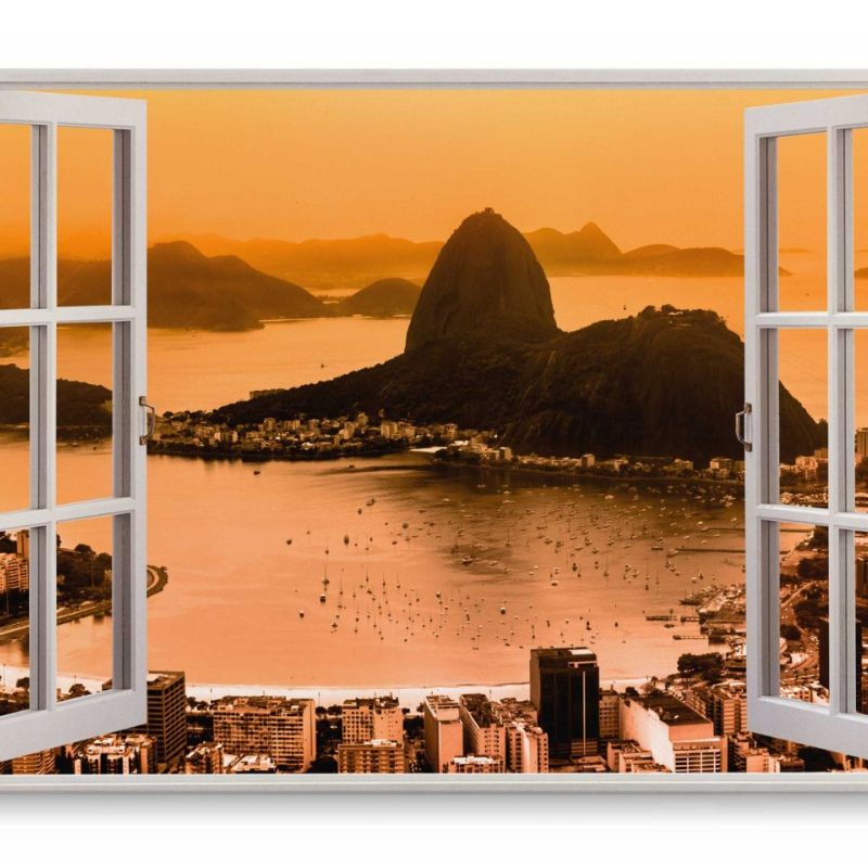 Wandbild 120x80cm Fensterbild Brasilien Rio de Janeiro Bucht Meer roter Himmel