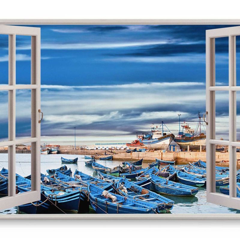 Wandbild 120x80cm Fensterbild Hafen Meer Blaue Boote Süden Fischerboote