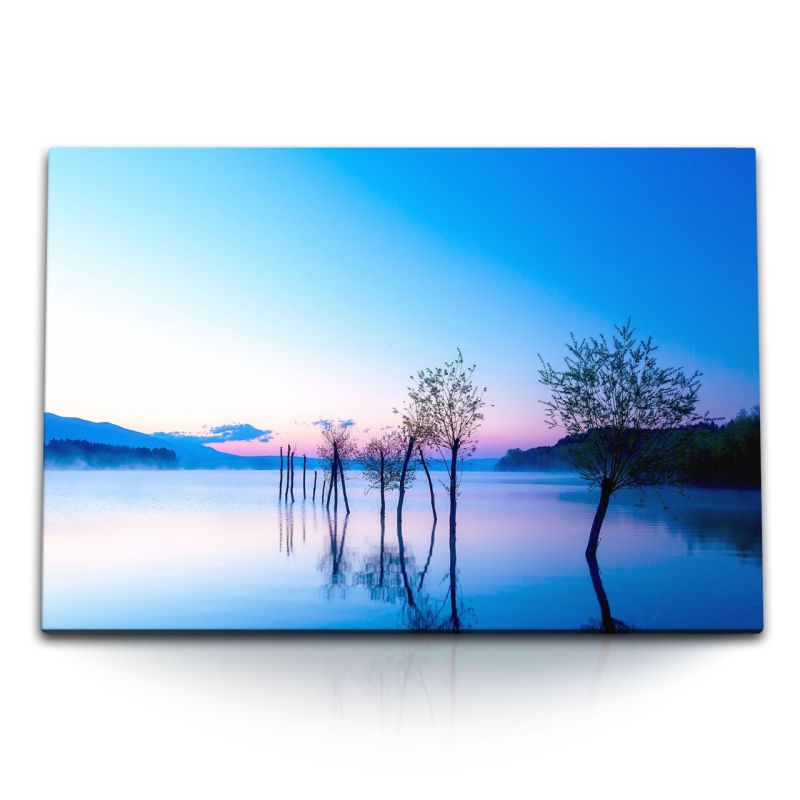 120x80cm Wandbild auf Leinwand See Natur Dunkelblau Abenddämmerung Bäume Abendrot