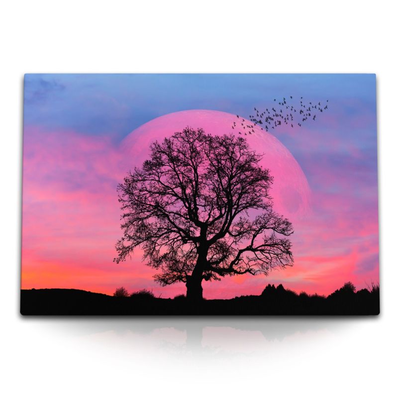 120x80cm Wandbild auf Leinwand Roter Mond Baum Vögel Mystisch Nacht roter Horizont