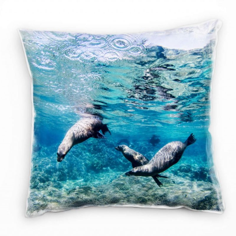 Tiere, Seelöwen, Unterwasser, türkis, grau Deko Kissen 40x40cm für Couch Sofa Lounge Zierkissen