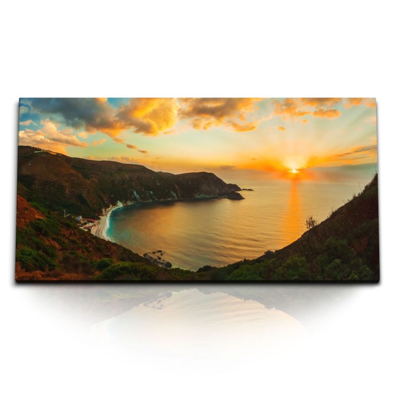 Kunstdruck Bilder 120x60cm Paralia Petani Strand Griechenland Sonnenuntergang Abendrot