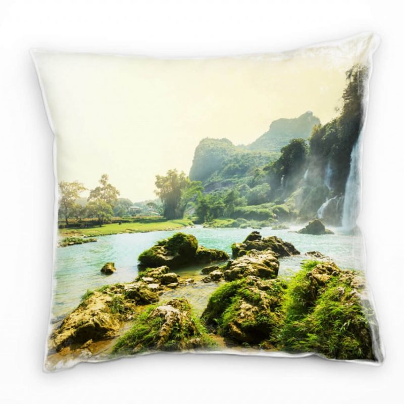 Natur, braun, blau, grün, Wasserfall, Fluss, Vietnam Deko Kissen 40x40cm für Couch Sofa Lounge Zierk