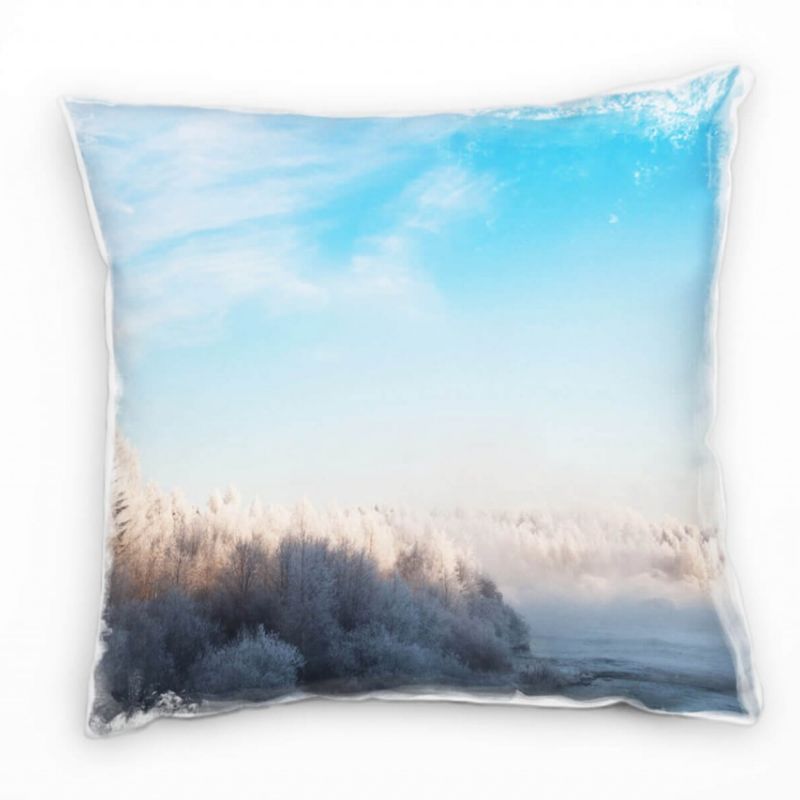 Winter, blau, weiß, schneebedeckter Wald Deko Kissen 40x40cm für Couch Sofa Lounge Zierkissen