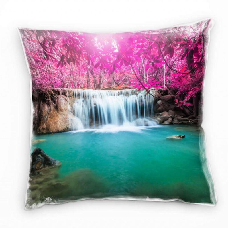 Natur, Wasserfall, Herbst, türkis, pink Deko Kissen 40x40cm für Couch Sofa Lounge Zierkissen