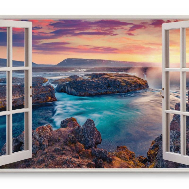 Wandbild 120x80cm Fensterbild Island Landschaft Berge Meer Küste Sonnenuntergang Einzigartig