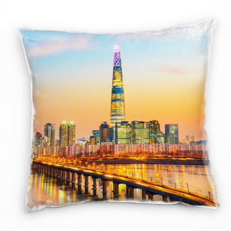 City, Seoul, Sonnenuntergang, Korea, orange, blau Deko Kissen 40x40cm für Couch Sofa Lounge Zierkiss