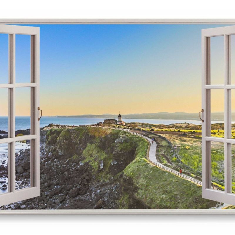 Wandbild 120x80cm Fensterbild Irland Küste Meer Sonnenuntergang Grün Natur