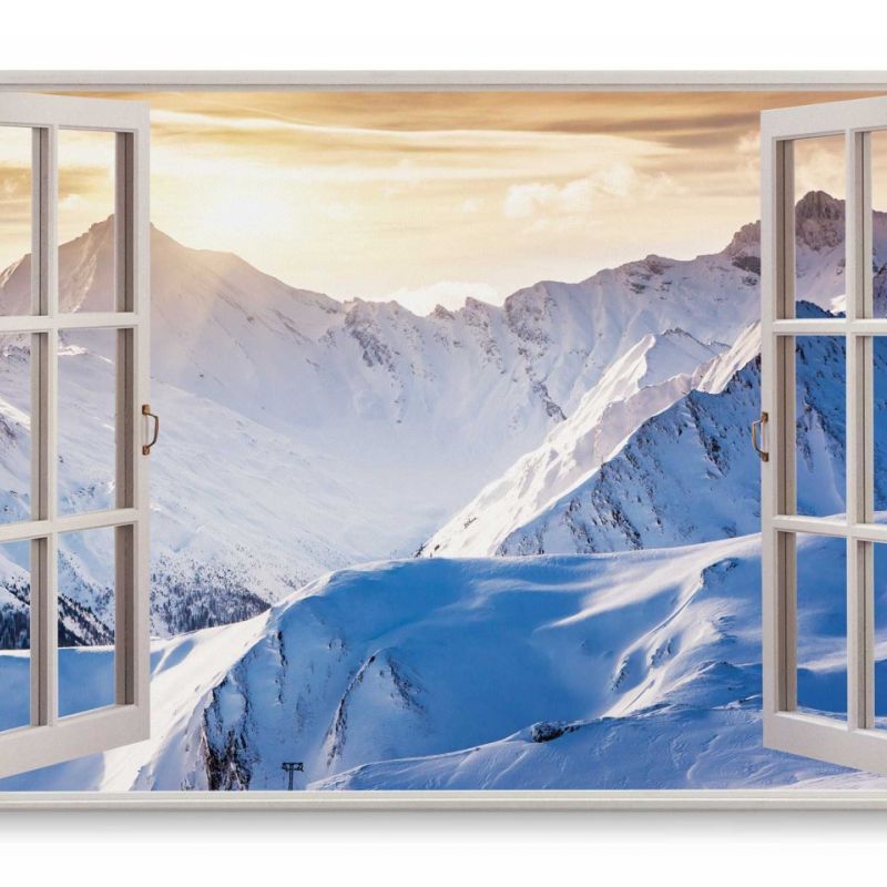 Wandbild 120x80cm Fensterbild Schnee Berge Schneegipfel Sonnenuntergang Weiß