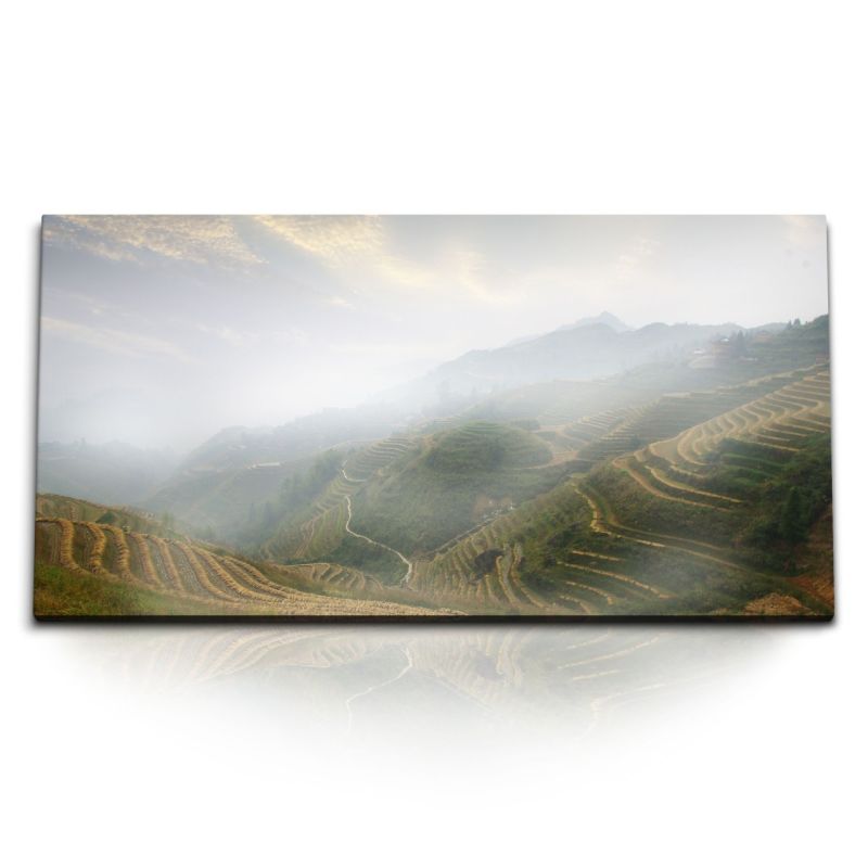 Kunstdruck Bilder 120x60cm Chinesische Berglandschaft Reisfelder Natur Nebel