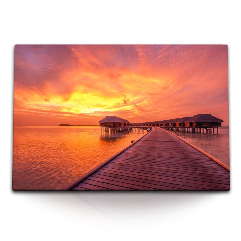 120x80cm Wandbild auf Leinwand Malediven Wasserbungalows roter Himmel Sonnenuntergang