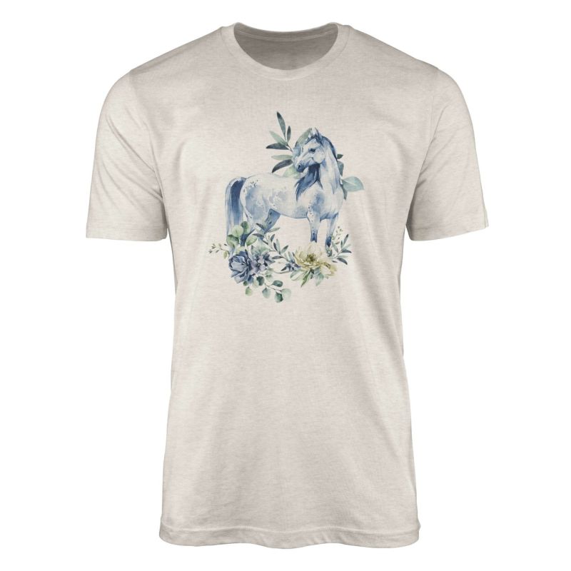 Herren Shirt 100% gekämmte Bio-Baumwolle T-Shirt  Aquarell Pferd Blumen Motiv Nachhaltig Ökomode aus