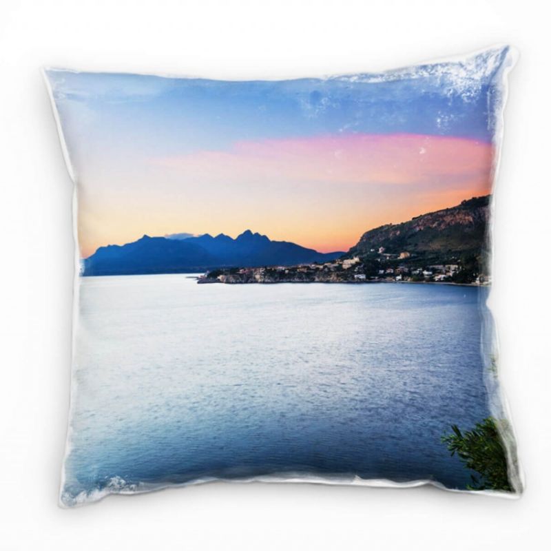 Meer, blau, braun, Berge, Italien, Sonnenuntergang Deko Kissen 40x40cm für Couch Sofa Lounge Zierkis