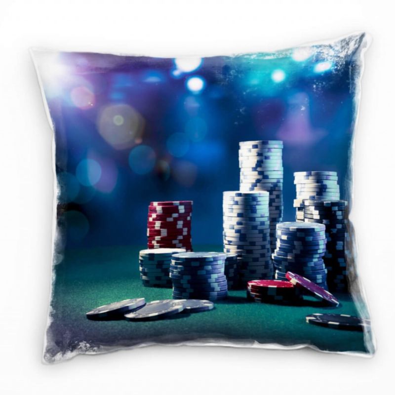 künstlerische Fotografie, Pokerchips, blau, rot Deko Kissen 40x40cm für Couch Sofa Lounge Zierkissen