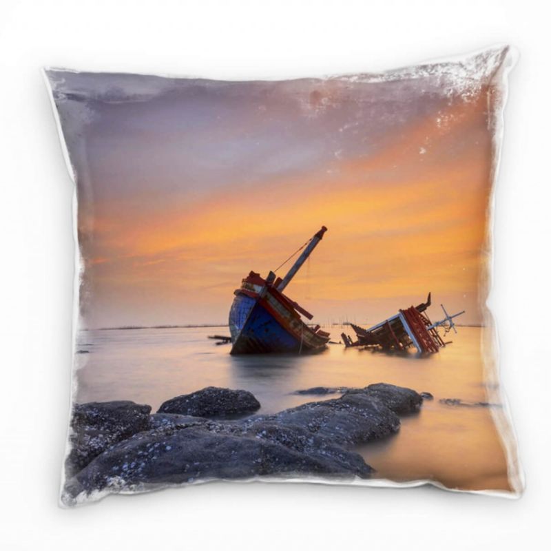 Strand und Meer, Schiffsfrack, grau, orange Deko Kissen 40x40cm für Couch Sofa Lounge Zierkissen