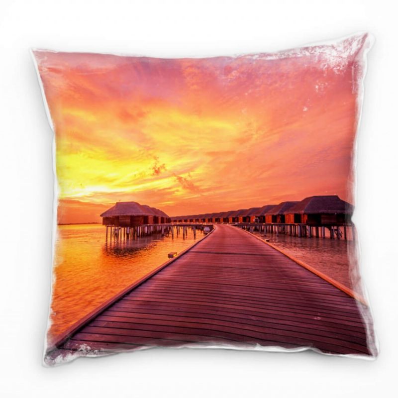 Meer, Sonnenuntergang, Häuschen, orange, gelb Deko Kissen 40x40cm für Couch Sofa Lounge Zierkissen