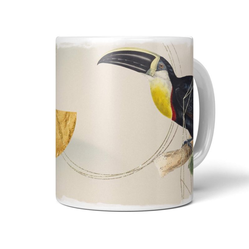 Dekorative Tasse mit schönem Vogel Motiv Tukan einzigartiges Design Gold Pastelltöne Kunstvoll