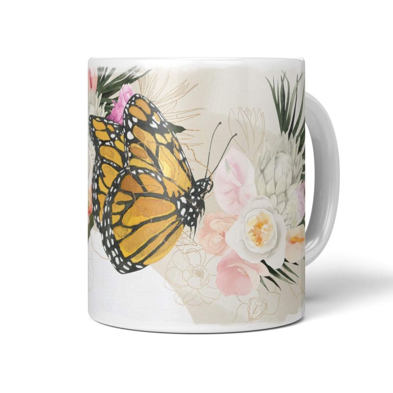 Dekorative Tasse mit schönem Motiv Schmetterling Blumen Blüten Blumenstrauß Vintage