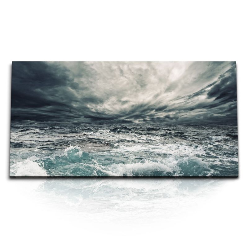 Kunstdruck Bilder 120x60cm Raue See Meer Ozean Wolken Sturm Grau