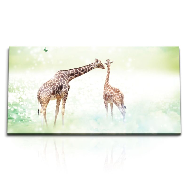 Kunstdruck Bilder 120x60cm Giraffen Schmetterlinge Tiere Grün Kunstvoll